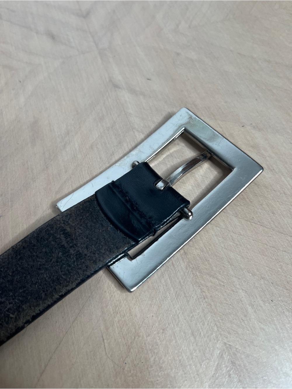 Kenneth Cole Black Leather Belt with Large Rectangular Silver Buckle Size 34 - Picture 7 of 9
